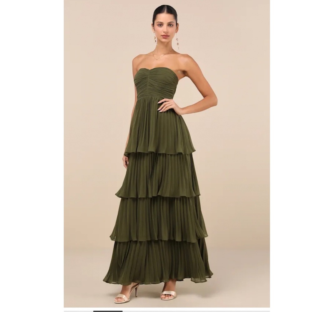 Lulus Seriously Sensational Olive Green Strapless Tiered Maxi Dress Size XS